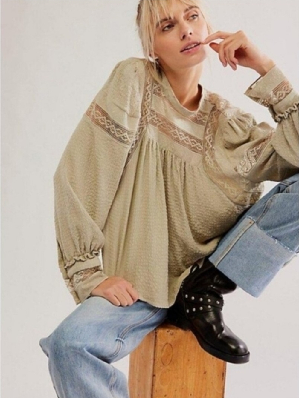 Free People Olive Sage Boho Peasant Blouse